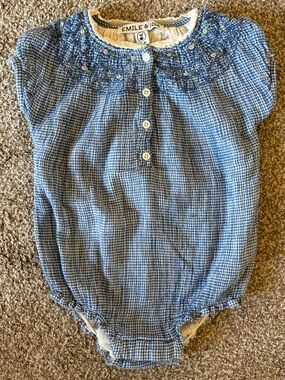 Emile et Ida Blue Gingham Smocked Collar Baby One-Piece